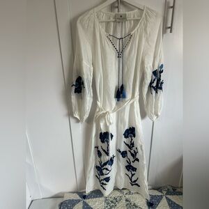 Benaras by Citrus white with blue embroidery belted boho midi dress
